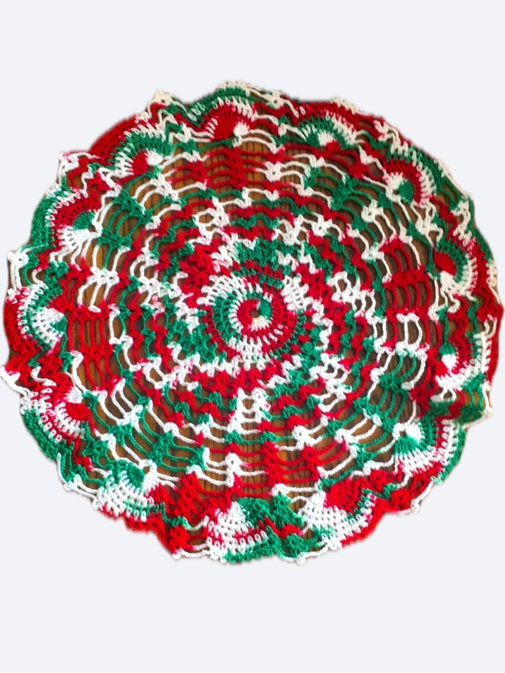 Handmade Crochet Christmas Doily 14" Red, White, Green.